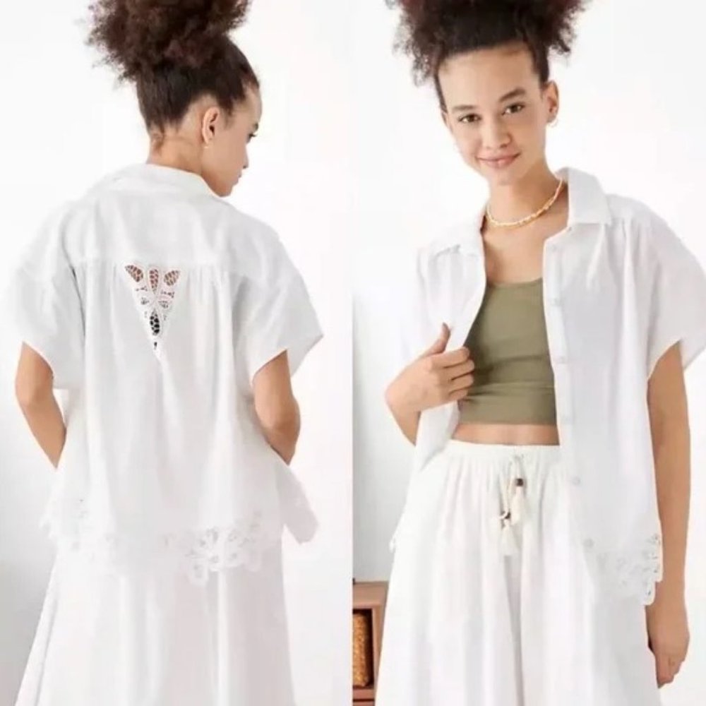 NEW American Eagle Linen Oversized Lace Cutout Shirt M